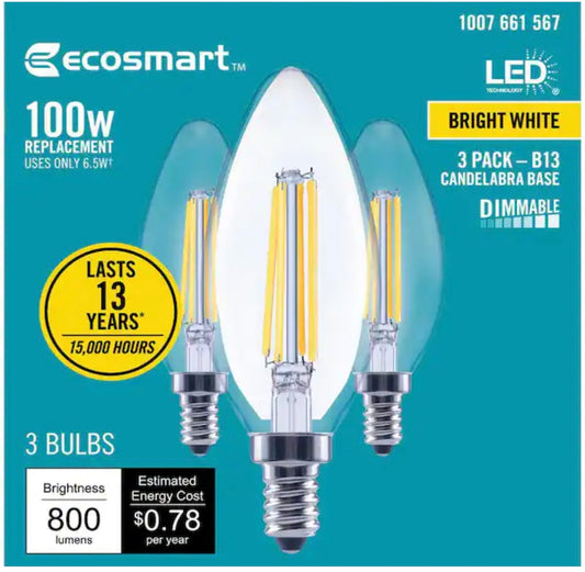 3-Pk  EcoSmart LED Light Bulb Edison Dimmable Clear 100w