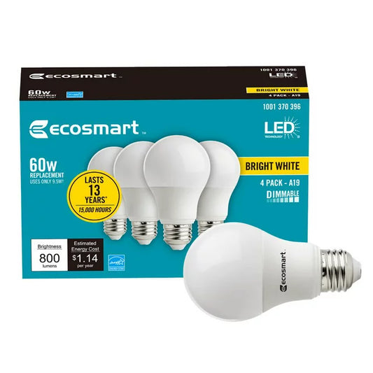 (4-Pk) EcoSmart Dimmable LED Light Bulb Bright A19 60W White (FREE SHIPPING)
